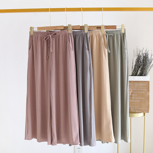 Thread wide-leg pants for women, home pants, summer thin 9/10 pants, multi-color morning exercise pants, suitable for young, middle-aged, elderly, and large sizes