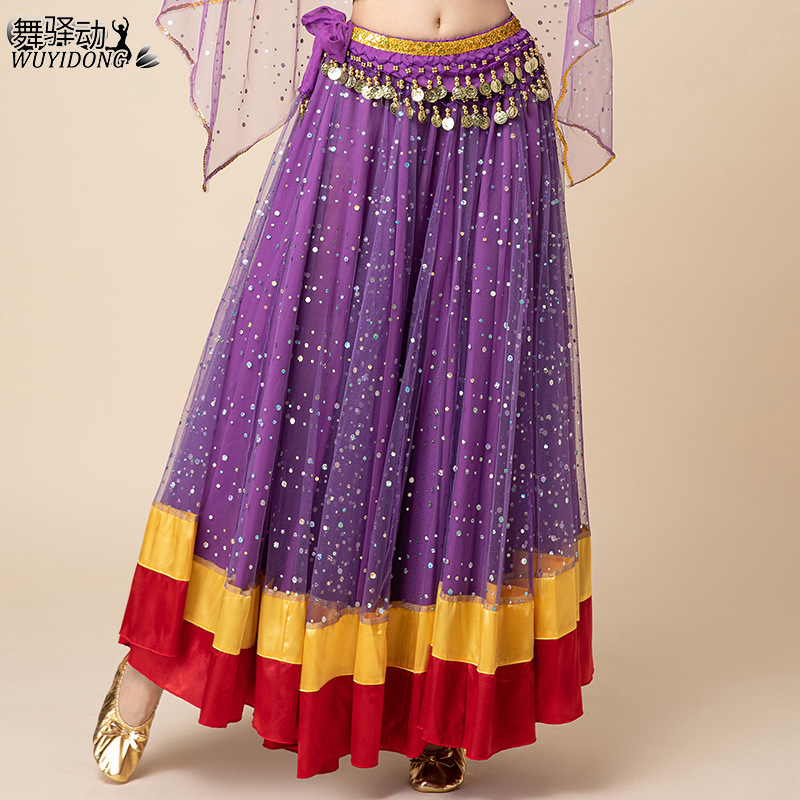 New High-Waisted Gold-Stamped Patterned Long Skirt for Dance, 720-Degree Large Skirt Hem, Indian Dance Costume