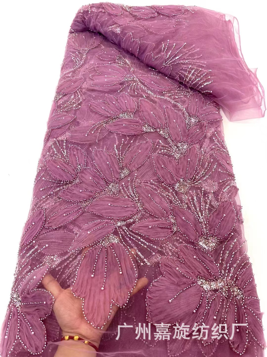 Nuevo tridimensional malla placa flor vestido de boda bordado tela niños ropa etapa espectáculo moda tela encaje JX4044