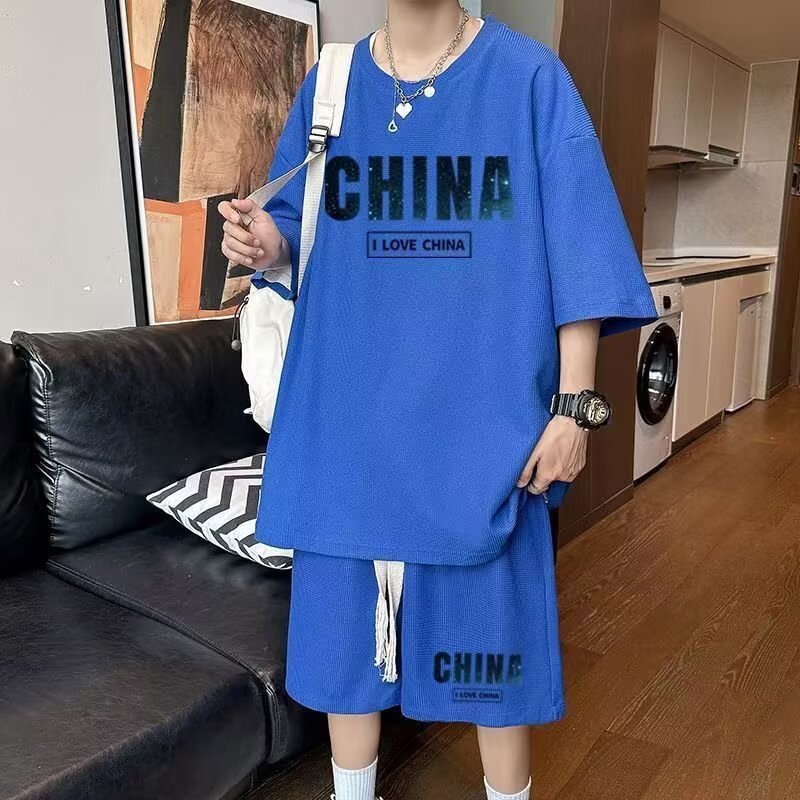 Camisas menos ropa verano para hombres nuevo waffle traje de manga corta deportes casuales de dos piezas en uno guapo y suelto