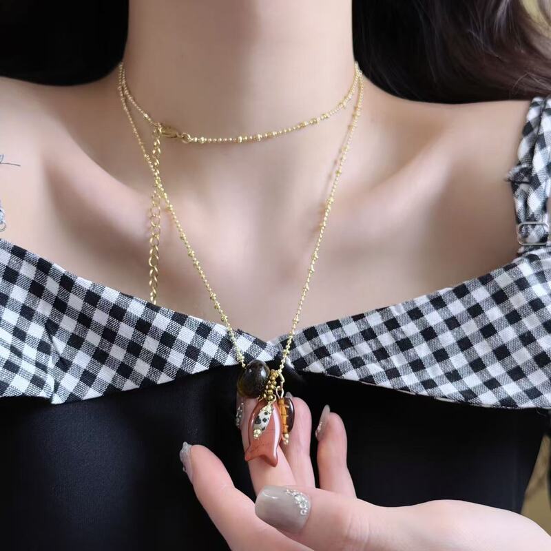 甜美少女红色小鱼虎眼石圈圈树叶吊坠项链女小众设计时尚气毛衣链|undefined