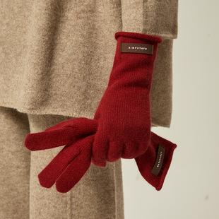 Autumn and Winter Warm Ins Soft Waxy Solid Color Lace Wool Gloves Women's Winter Warm Knitted Five-Finger Touch Screen Gloves