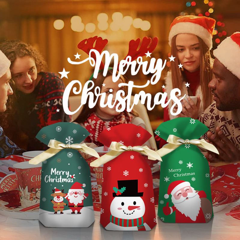 跨境直发圣诞节日塑料礼品袋糖果食品礼物包装袋抽绳束口收纳袋
