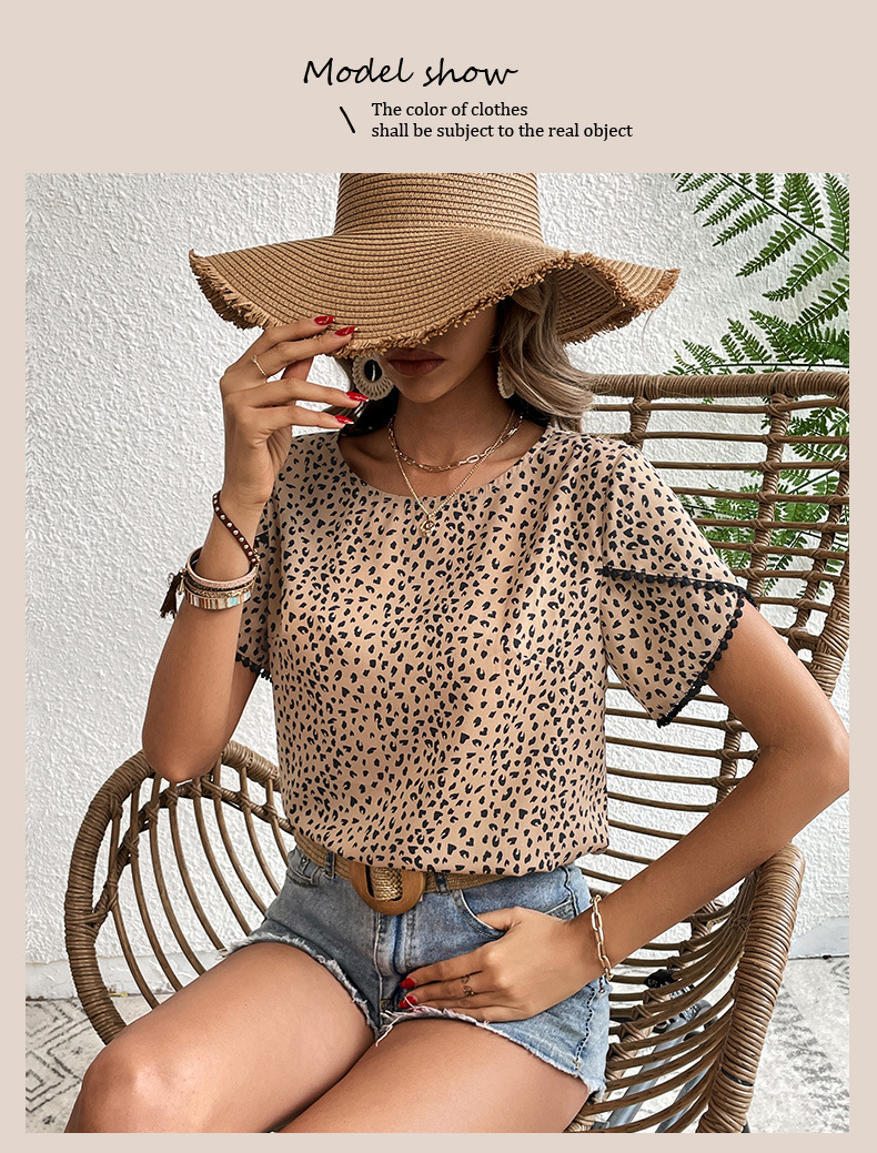 Leopard Print Design Short-sleeved Rround Neck Shirt_voghion.com