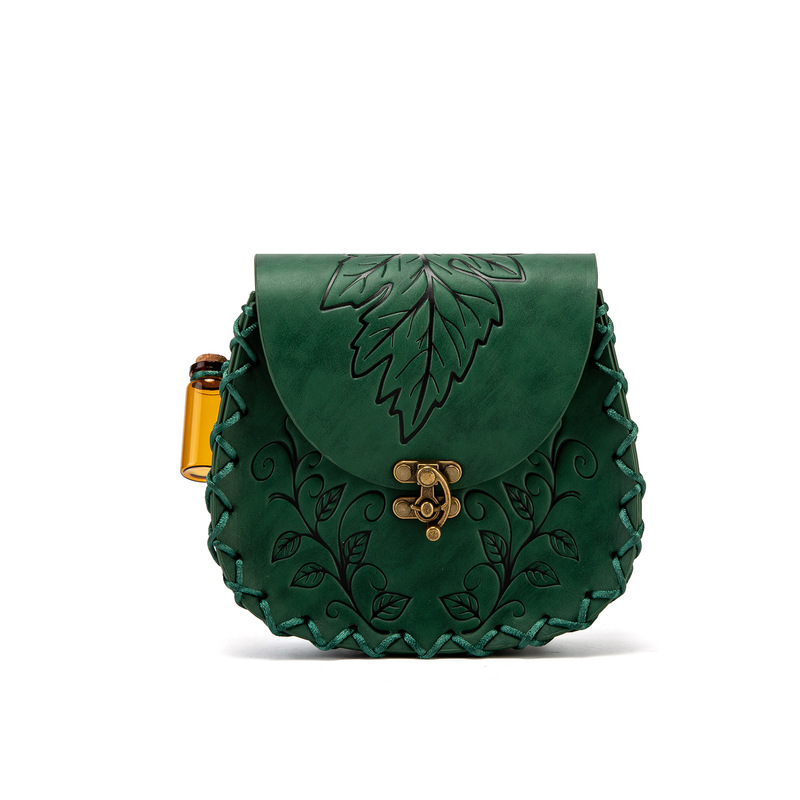 Fantasy Leaf Pattern Embossed Leather Waist Bag, Forest-Style Vintage Hand-Woven Edge Waist Pouch, Medieval Cos