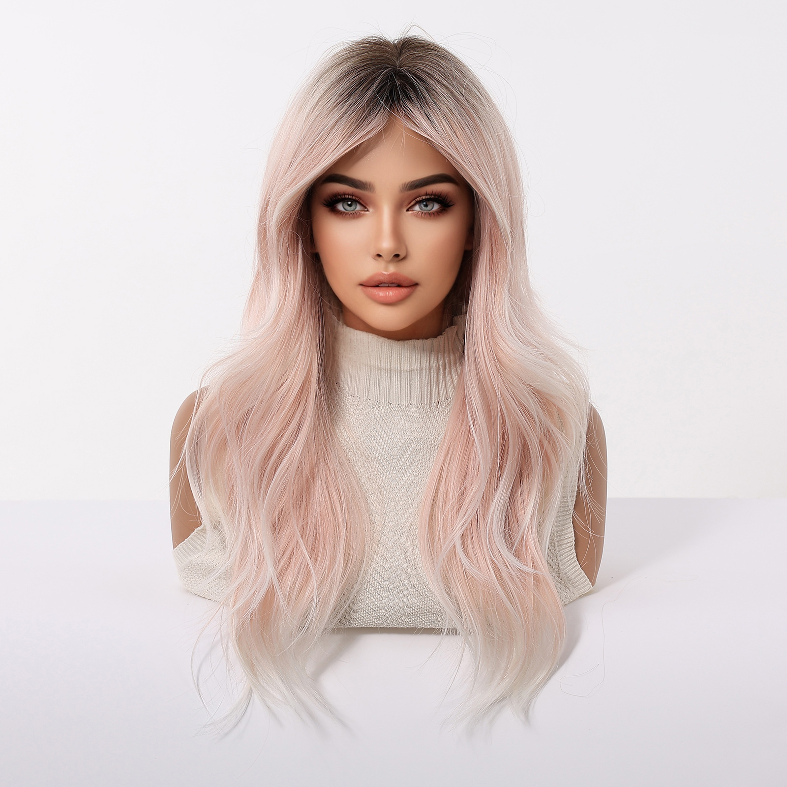 Europa y los Estados Unidos gradiente rosa pelucca de la mujer ondas de moda natural de Halloween en línea viento nuevo rizado largo cubierta de cabeza completa