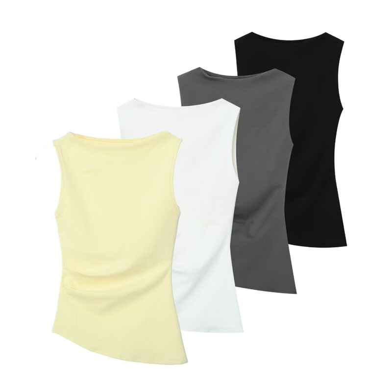 2025 Summer New Women's Casual Crewneck Slim-fit All-match Pleated Asymmetrical Boat Collar Sleeveless T-shirt