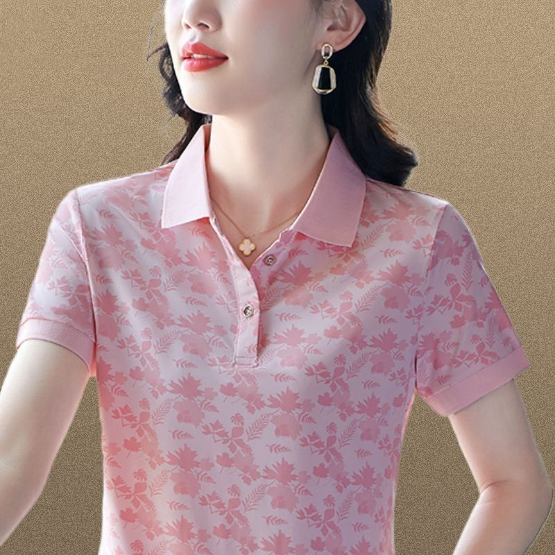 New short-sleeved T-shirt for women, fashionable and stylish summer polo shirt for mothers, printed quick-drying top, casual and versatile turn-down collar thin