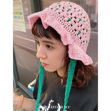 时髦复古手工钩织撞色渔夫帽女凹造型盆帽春夏季新款镂空绑带帽子