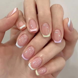 Summer Macaron French Wearing Nail Pieces Short Advanced Nail Art Finished Fake Nail Wholesale Removable Nail Pieces