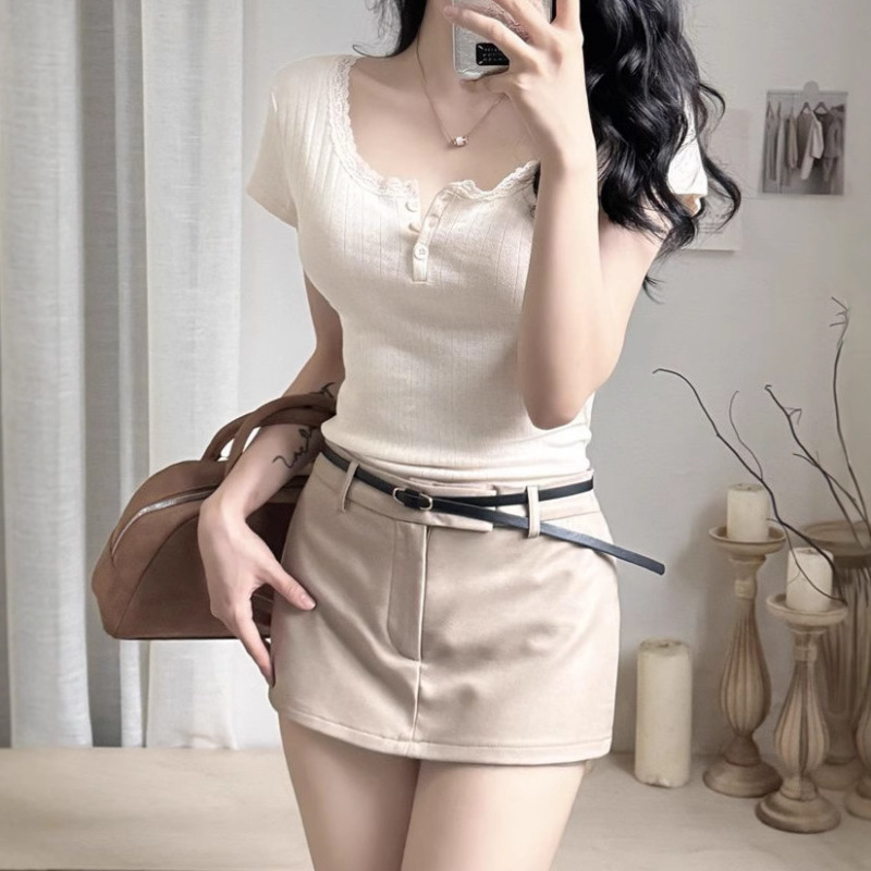 Lace Lace Micro Revealed Clavicle Sweet Hot Top Women's Simple Slim Breathable Low-cut Short-sleeved Sweet T-shirt Women's Summer