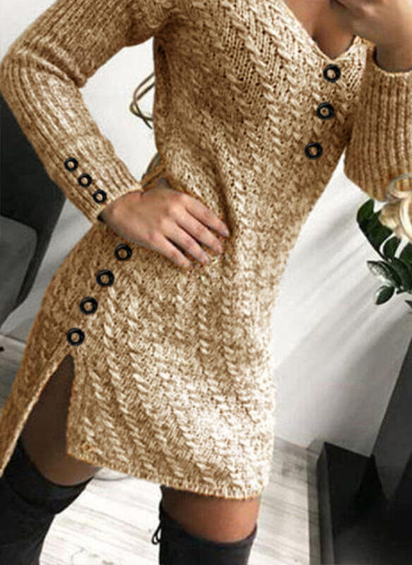 Knit V-Neck Slim Tight-Fitting Solid Color Split Sweater Dress NSPZN105089