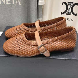 外贸2025新款春夏浅口一字扣带镂空圆头平底内增单鞋女芭蕾舞皮鞋