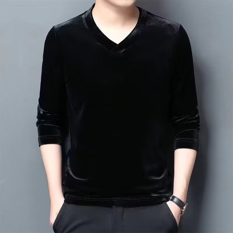 Origen Fabricante Camiseta de manga larga de terciopelo dorado Primavera y otoño Camisa de fondo con cuello en V para hombre Ropa interior térmica Top casual