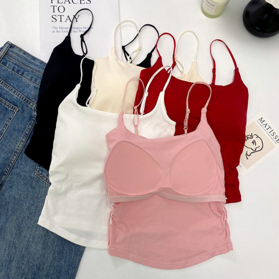 Hot Pure Sweet Hot Vest Women's Beautiful Back Sling with Chest Pad Base Tube Top Inner Wear Slim Fit Pleated Top