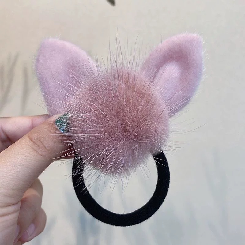 Nuevo estilo de cabello de pelo de cabello de pelo de orejas de cabello de cabello de correa de cola de caballo temperamento simple de alta elasticidad de invierno y otoño anillo de pelo de red cubierta de cuero roja