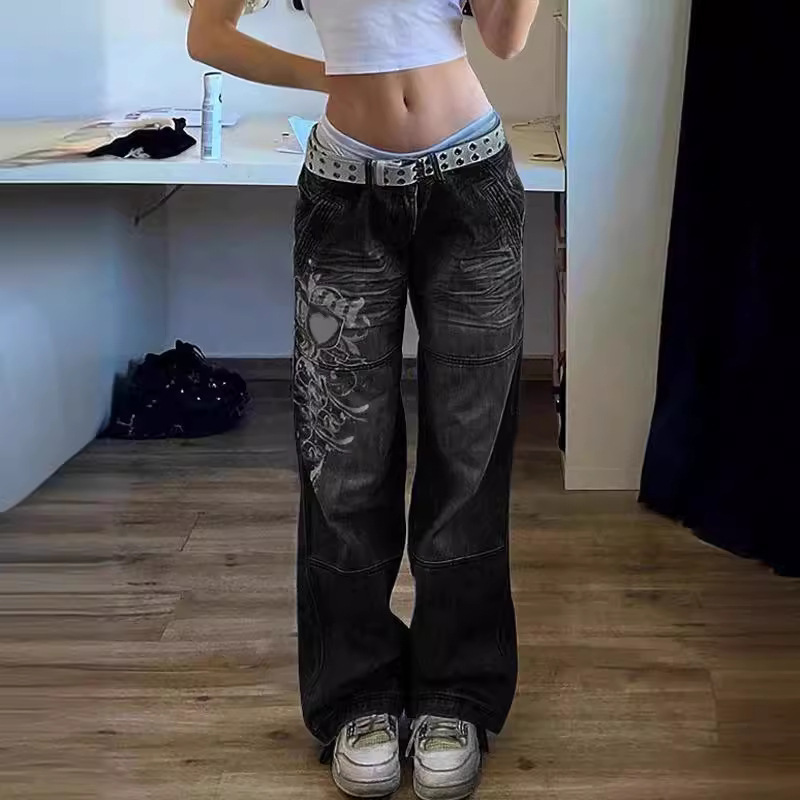 European and American Street Style Women's Irregular Printed Loose Trousers Low Waist Pleated Washed Old Multicolor Jeans