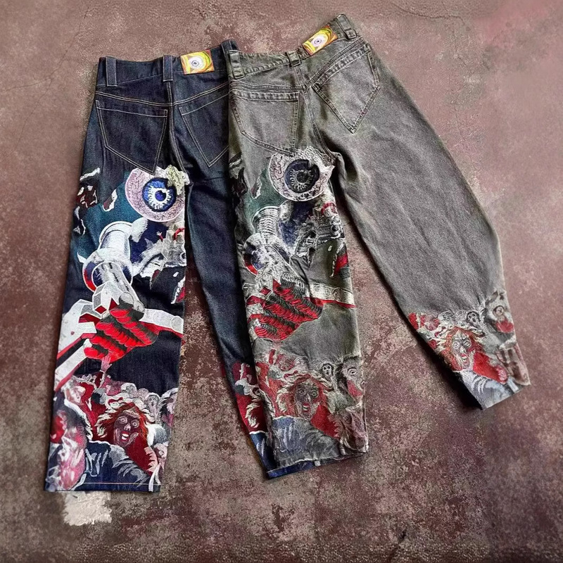 Y2k Jeans Harajuku Punk Oversized Graphic Vintage Embroidery Loose Hip Hop Casual Wide Leg Jeans Men