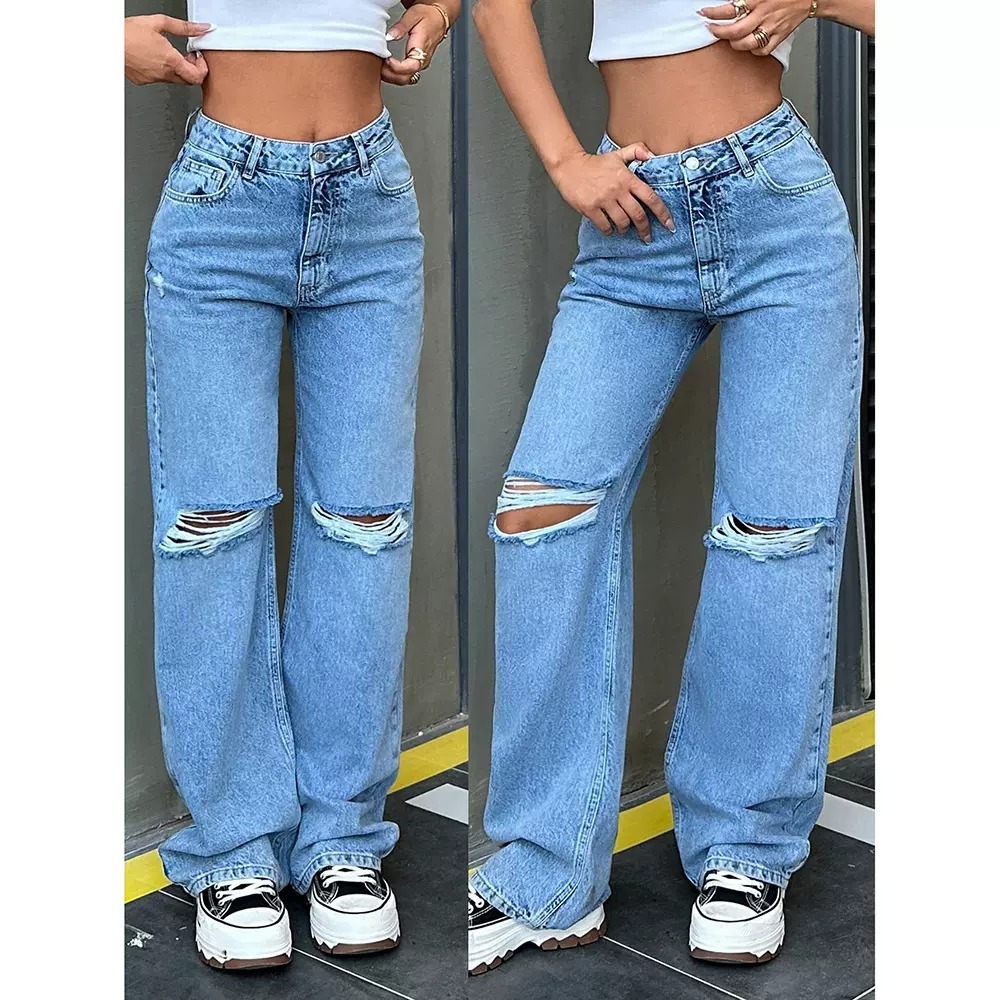 美式复古破洞垂坠感牛仔裤女春秋新款跨境外贸宽松阔腿拖地长裤子