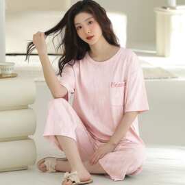 夏季新款纯棉女短袖七分裤套头睡衣卡通休闲女家居服图片色圆领