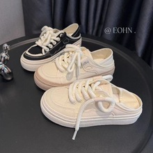 TP315车缝线学生夏季两穿可踩脚一脚蹬半拖小白鞋帆布鞋一件代发