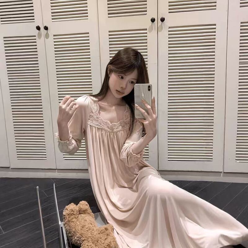2026 Modal Spring and Autumn New Style Nightgown French Lace Pure Desire Style Slimming High-End Home Wear Can Be Worn Outside