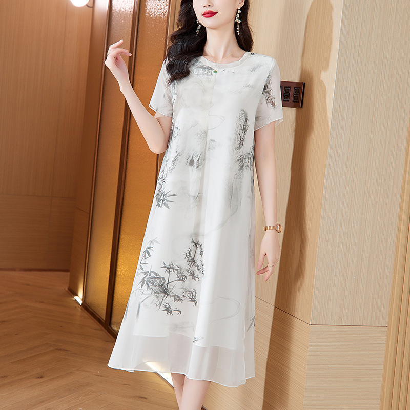 New Chinese Style Silk Dress for Women 2025 Summer New Retro Ink Print Draped Classy Long Skirt