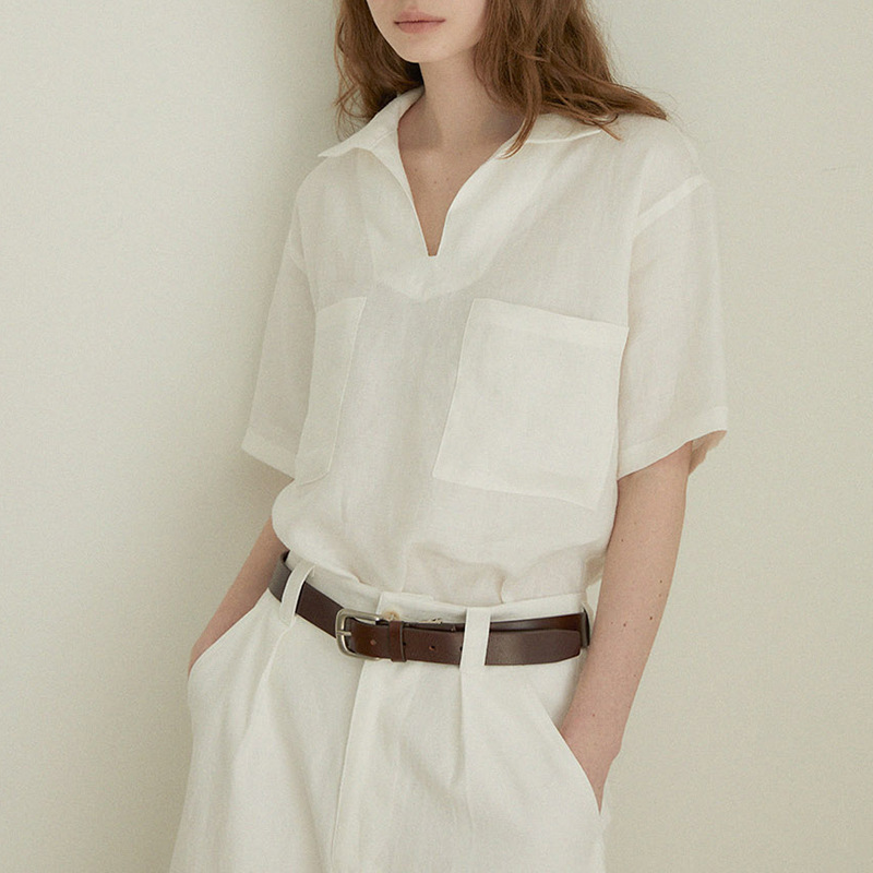 Old Money Style Pure Linen V Neck Shirt for Women Summer New High-End Accessible Luxury Top Simple Pure Color Short-Sleeved Shirt