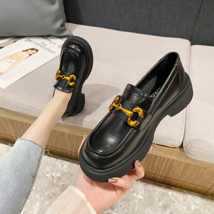 Women's Loafers British Style Jk Thick-Soled Leather Shoes 2025 Metal Buckle Round Toe Chunky Heel 750-23 College Style