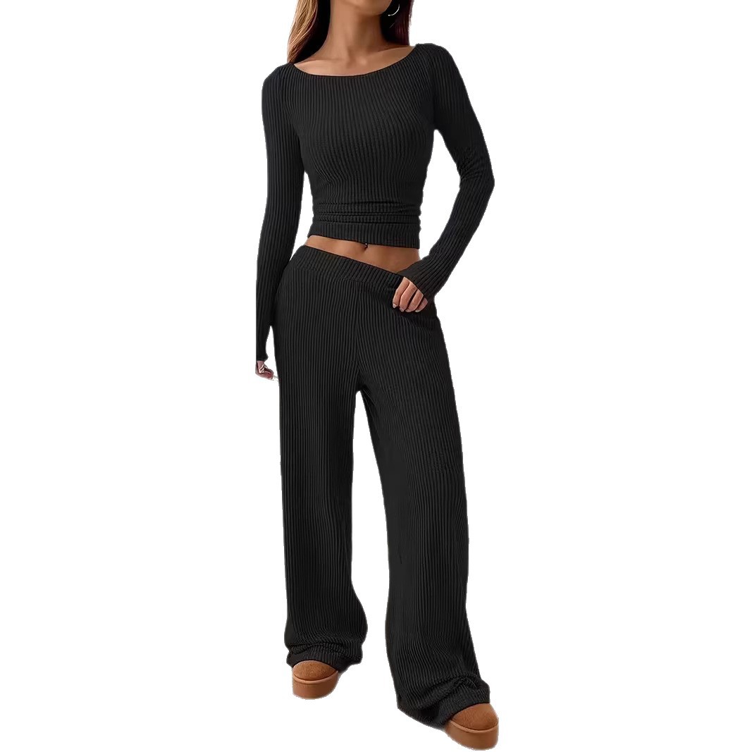 Women's Clothing Fashion Off Shoulder Slim Fit Women's Long Sleeved Two Piece Set American Style Trousers_voghion.com