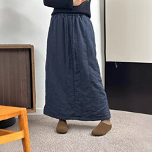 亚麻绗线夹棉两侧开衩半身长裙女2025冬季新款文艺复古风保暖棉裙