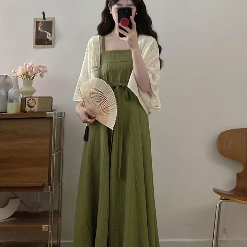 Plus-Size New Chinese-Style Ultra-Fairy Improved Hanfu Over-The-Knee Slimming Dress with Beading, Two-Piece Set with Cardigan