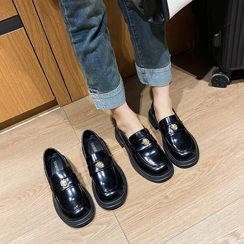Giày lười nữ da phong cách Anh khóa xu, đế dày gót 3–5 cm, mũi tròn, size lớn — Màu Đen/lót nhung, Màu đen/lót một lớp