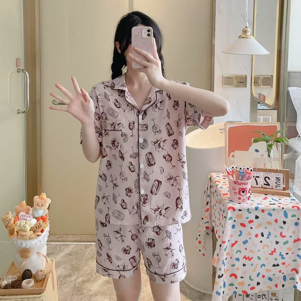 Al por mayor transfronterizo nuevo verano nubes de algodón dibujos animados mangas cortas pantalones cortos pijamas ropa de casa de mujer set ropa de casa de moda