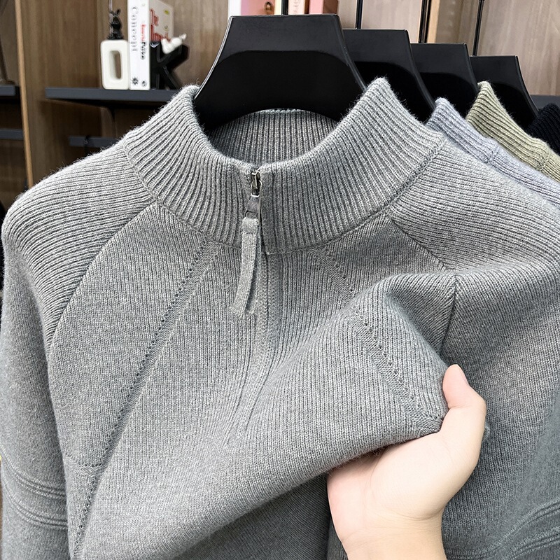 New style knitted half-zip thick long-sleeve men's stand-up collar sweater, fashionable casual knitwear, solid color jacquard sweater New style knitted half-zip thick long-sleeve men's stand-up collar sweater, fashionable casual knitwear, solid color jacquard sweater