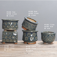 冰裂開片印章多肉小花盆陶瓷素燒浮雕卡通動物貓爪盆桌面粗陶可愛