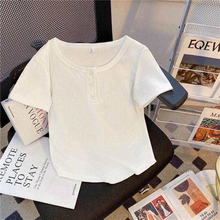 夏の新しいスリムでファッショナブルで多用途なショートスリムフィットソリッドカラーTシャツホワイトスタイルデザインボタンダウンシャツ|undefined
