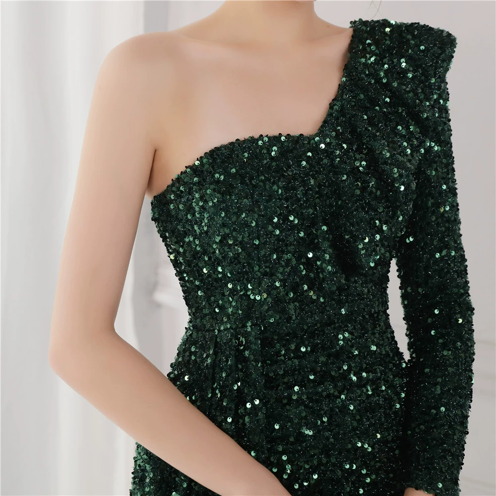 green evening gown Burgundy Sequins Mermaid Evening Dresses Sexy One Shoulder Side Split Formal Floor Length Vestido De Fiesta Prom Gown YSAN1424 formal evening gowns