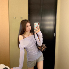 デザインホットガールフェイクツーピースメッシュ長袖Tシャツレディース夏薄い日焼け止めブラウス多用途オフショルダートップ
