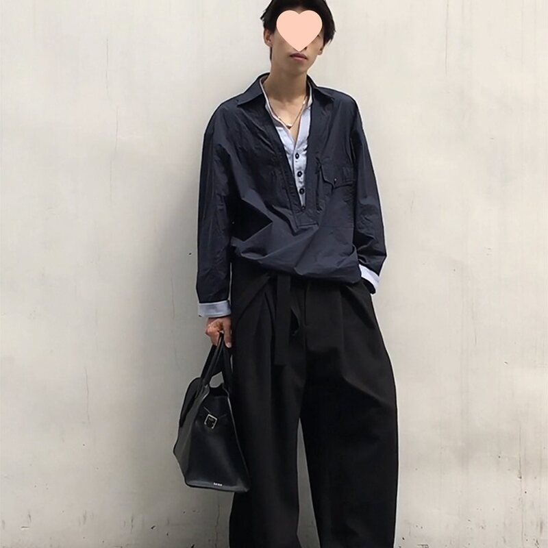 藏青色假两件v领衬衫男美式老钱风穿搭长袖衬衣cleanfit工装外套|undefined
