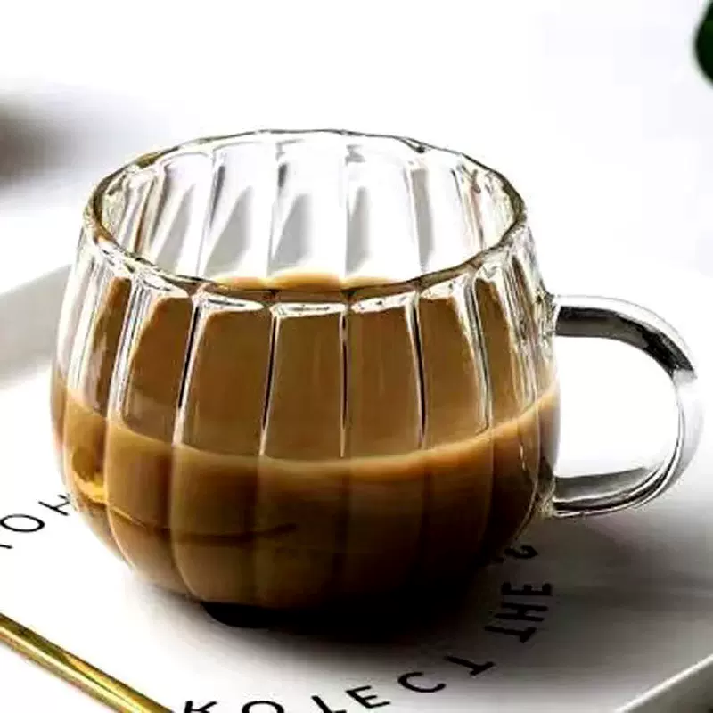 条纹玻璃杯家用加厚高颜值杯子高硼硅耐热带把手喝水杯咖啡早餐杯