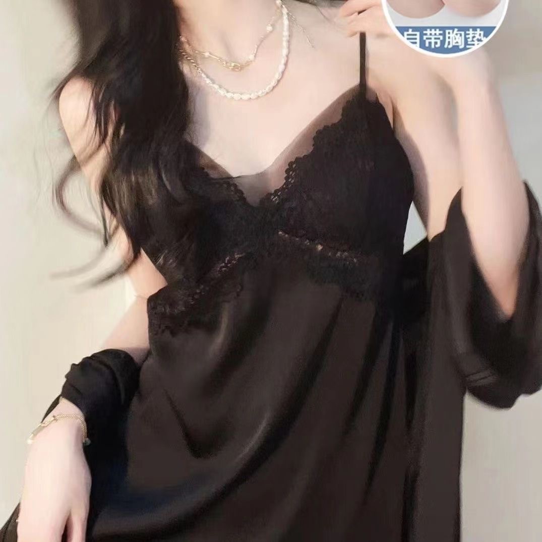 Thin Lace Temptation Women's Pajamas Spring and Summer Silk Slip Skirt Thin Nightgown Two-Piece Home Clothes Wholesale