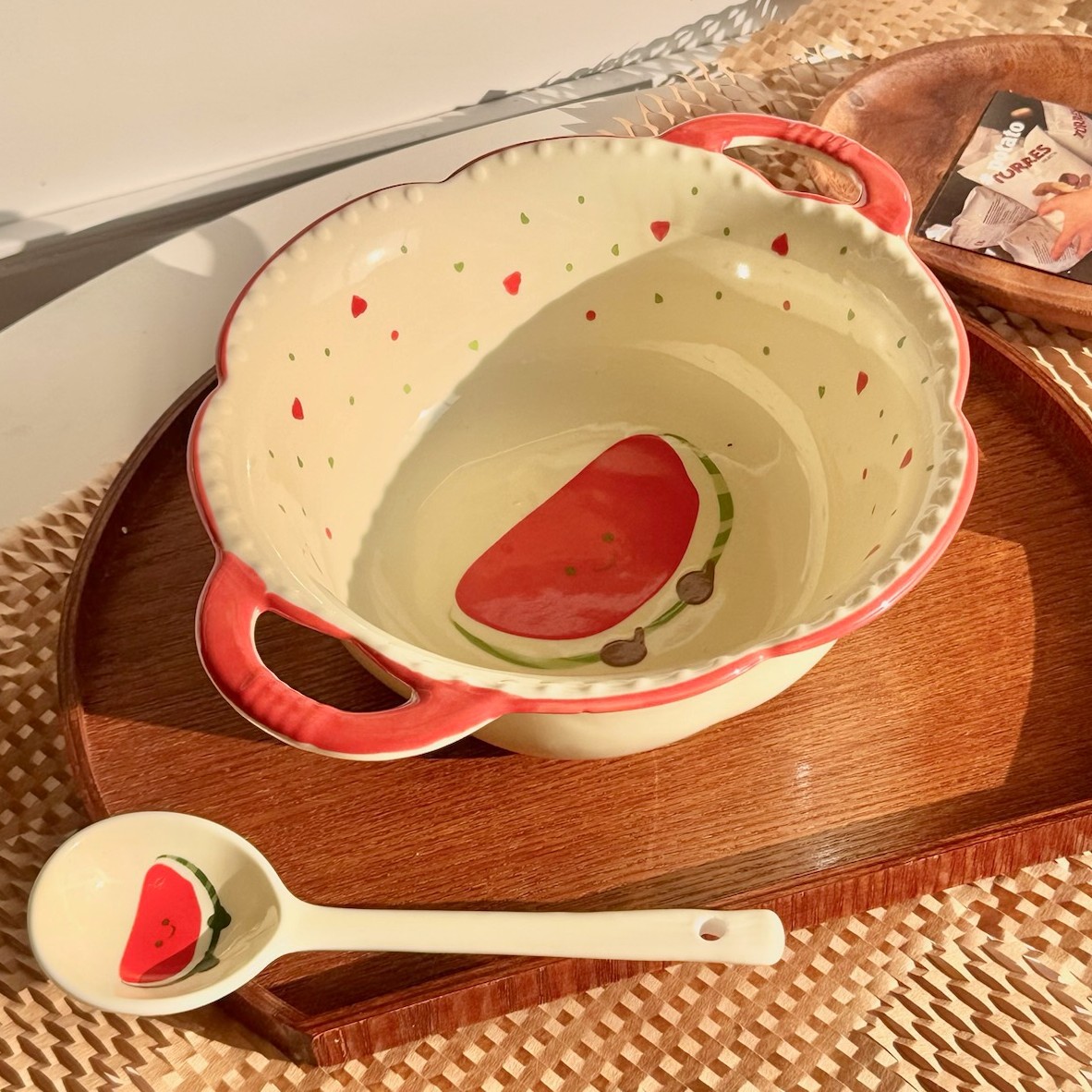[Watermelon 2-piece set] 8.5-inch double-ear large soup bowl + watermelon spoon