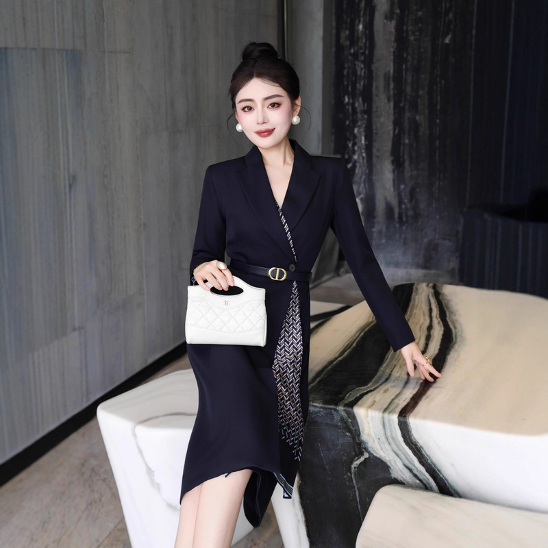 Autumn and Winter New Mid-Length Dress Jacket for Women with Hem Splicing Silk Scarf + Belt for Work Clothing and Professional Wear