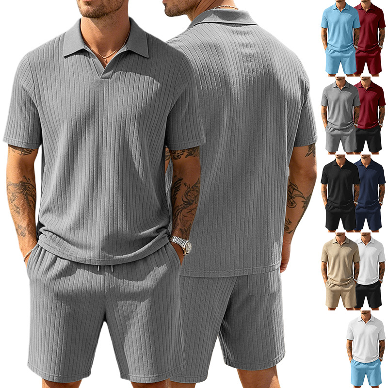 Nuevo transfronterizo de Europa y Estados Unidos para hombres verano nuevo tipo de piel transpirable tela jacquard rectas con solapa juego deportivo casual