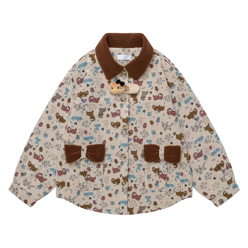 Retro Full-Print Cat Print Women's Coat, Unique Plush Turn-Down Collar with Bowknot Pockets, Cute Plush Decoration, Loose-Fitting Jacket Retro Full-Print Cat Print Women's Coat, Unique Plush Turn-Down Collar with Bowknot Pockets, Cute Plush Decoration, Loose-Fitting Jacket