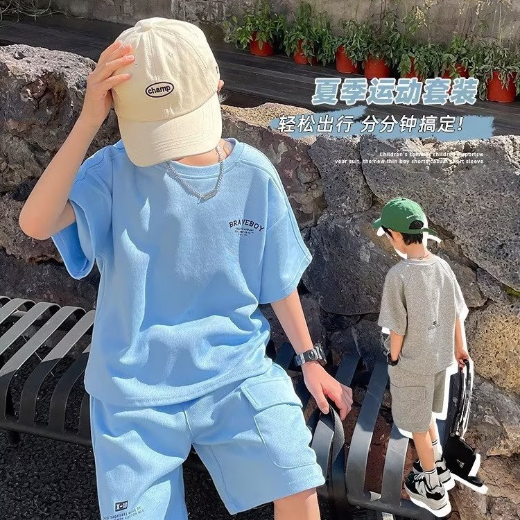 Children's Summer 2024 New Boys' Medium to Large Size Streetwear Casual Loose Sports Set Trendy 2-Piece Thin Set