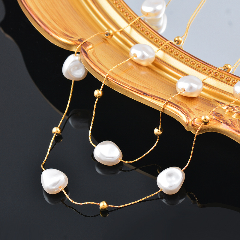 Fashion Geometric Titanium Steel Plating Artificial Pearls Layered Necklaces 1 Piece