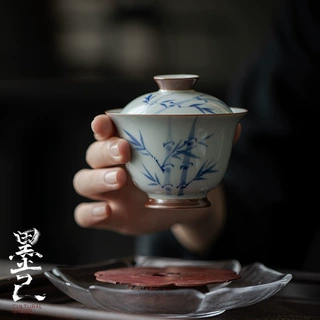 墨己 古青仿古手绘茶碗 手绘青花竹子陶瓷盖碗 家用高足泡茶盖碗