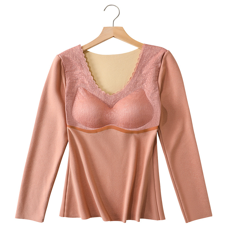 Ropa interior térmica de encaje sin costuras de terciopelo de doble cara superior de fondo engrosada de las mujeres ropa de Otoño de manga larga autocalentable con almohadilla en el pecho